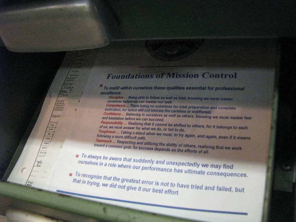 I love that Mission Control had posted values, although, had I written this, I'd have put a mission statement at the top as a context for these values.