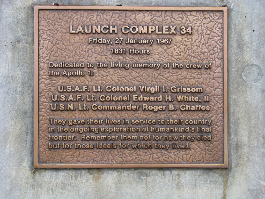 Memorial plaque on Launch Complex 34. This is also the site of an annual memorial service lead until 2014 (?) by Grissom (?)'s wife.