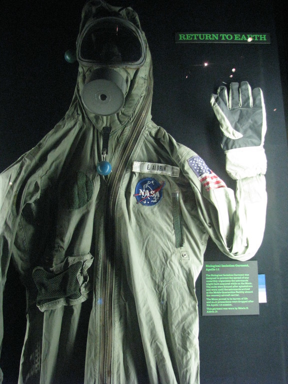 A Biological Isolation Garment (BIG) designed to prevent Earth's contamination with hypothetical lunal microbes after the early Moon landing missions (up to Apollo 14). This specimen was worn by Buzz Aldrin from Apollo 11's landing in the Pacific Ocean to his arrival in the mobile quarantine facility on board the USS Hornet.