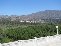 View onto the whole JPL campus; when JPL's present location was established (because those crazy rocket science geeks couldn't be trusted to not accidentally blow up Caltech/Pasadena), this area was still somewhat remote; today it is located just outside the Pasadena city limits.