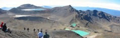 Panorama including the most famous part of the Tongariro Crossing: Blue Lake and the three Emerald Lakes with their distinct colour due to high mineral content; and hiker processions of course.