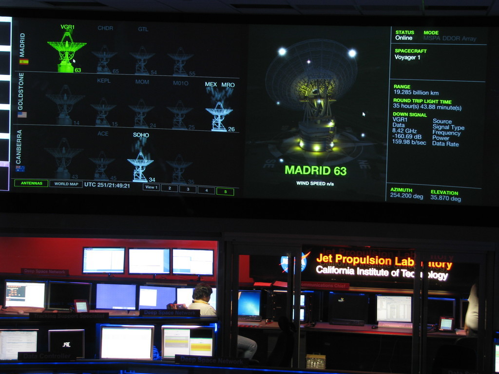  Closeup of the left background from JPL's space flight operations room, showing that the Deep Space Network's antenna in Madrid (details and picture shown) is currently talking to Voyager 1 (VGR1), and Goldstone is talking to Mars Reconnaissance Orbiter (MRO, home of HiRISE) and Mars Express (MEX).