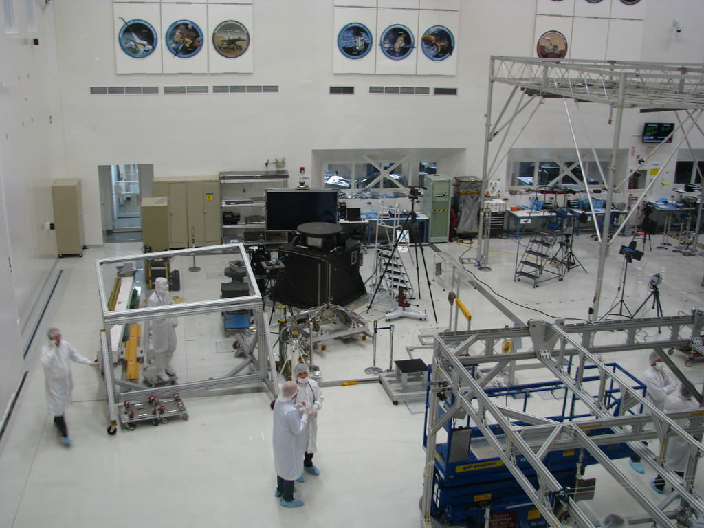 The famous JPL clean room, with insignias from past missions mounted to the wall. What struck me the most when comparing JPL's vs. SpaceX's clean room was that SpaceX's looked much more crammed and busy with parallel work on an assembly line of multiple spacecraft.