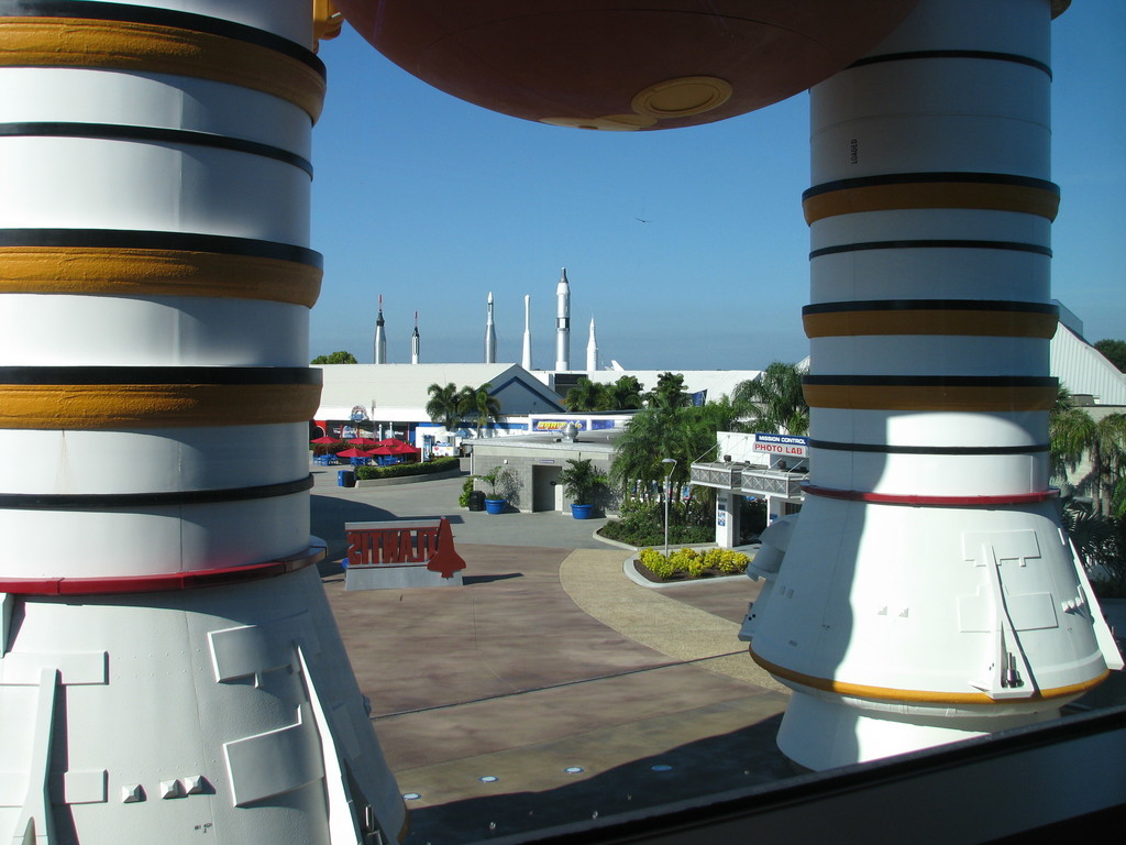 View out of the building that houses the Space Shuttle Atlantis. The life size mock-up of Space Shuttle solid rocket boosters (visible in the foreground) and external tank looks impressive from all directions.