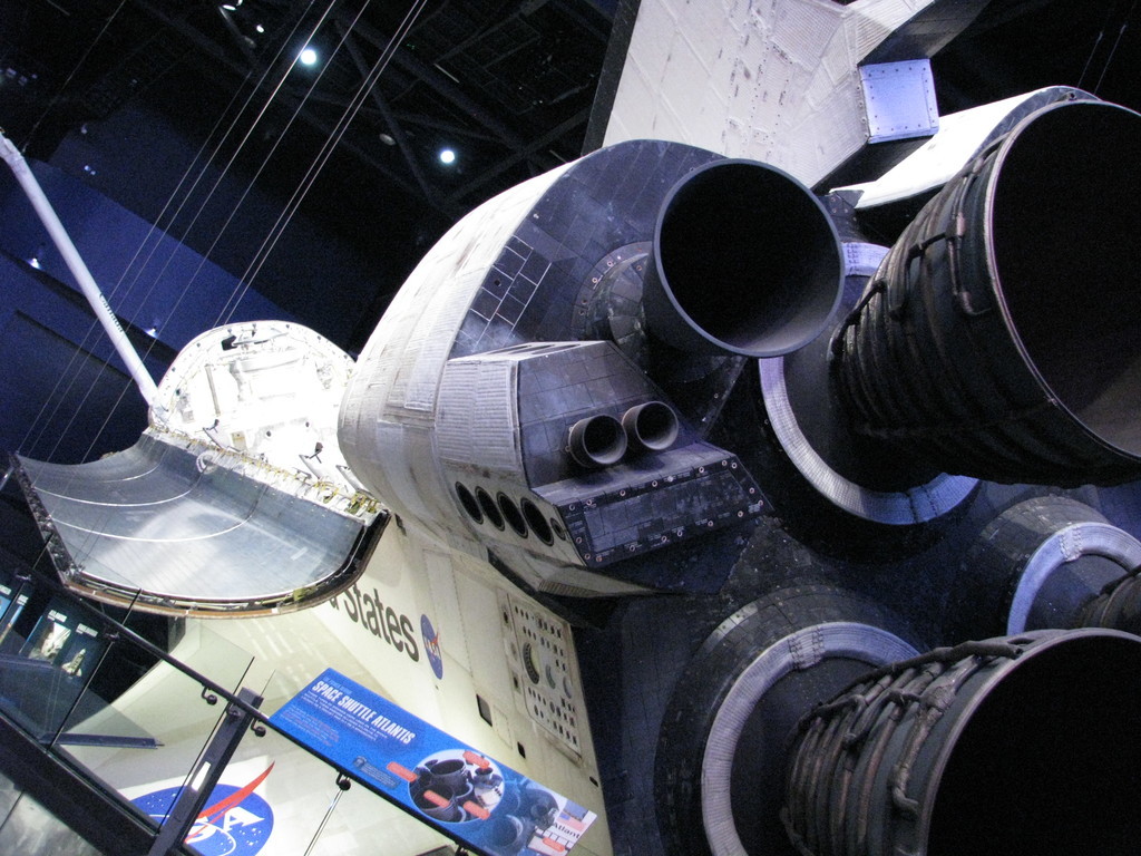The Space Shuttle Atlantis from behind. The presentation, hanging from an angle, is beautiful.