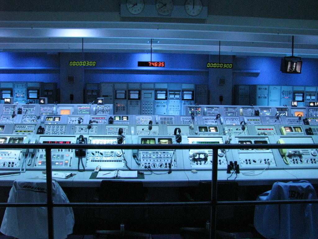 Inside the Apollo Saturn V center, a display for an Apollo era launch control room.