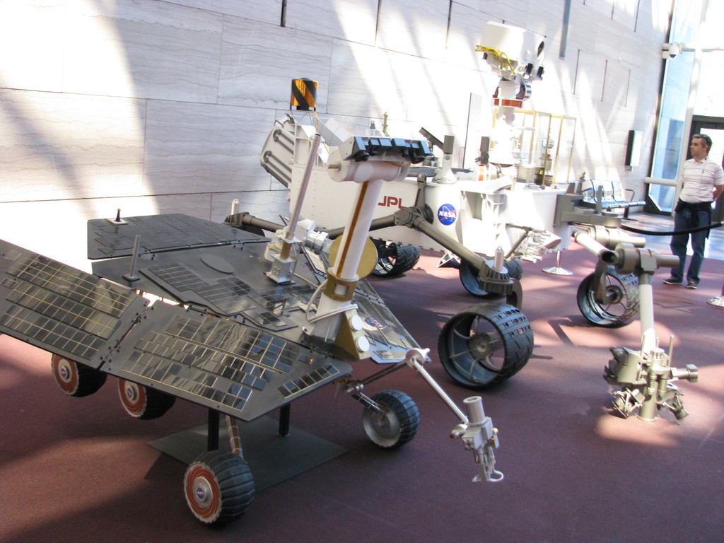 Replica of a Mars Exploration Rover and its successor, the Mars Science Laboratory.