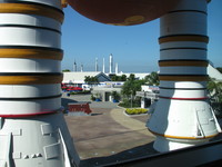 View out of the building that houses the Space Shuttle Atlantis. The life size mock-up of Space Shuttle solid rocket boosters (visible in the foreground) and external tank looks impressive from all directions.