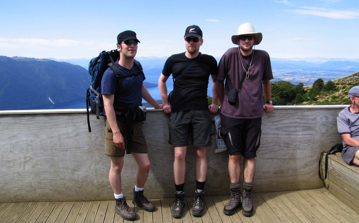 Us three hikers at Mt Luxmore Hut