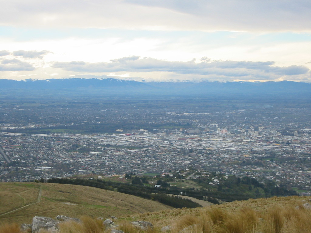View over Christchurch, with mountains in the background.