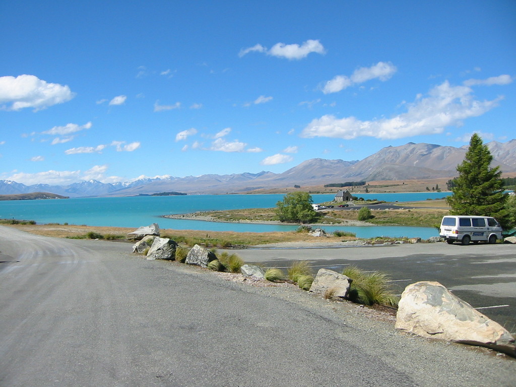 Lake Tekapo from a different perspective, with the church of the good shepherd on the small peninsula