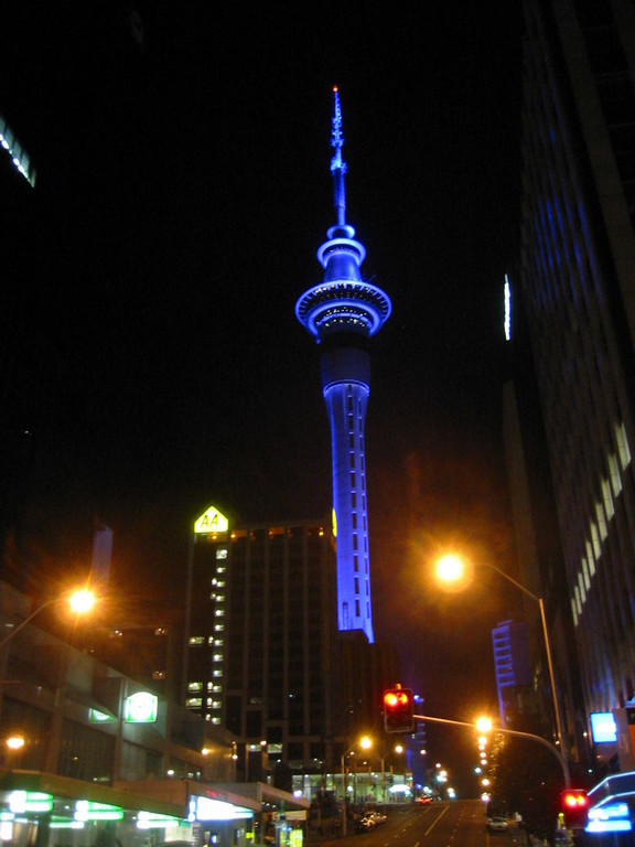 Skytower at night; it has three color schemes on a weekly cycle, with blue being the best.