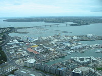 One of Auckland's yacht harbours, and the famous Harbour Bridge.