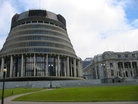 The parliament buildings, with the "Beehive" on the left.